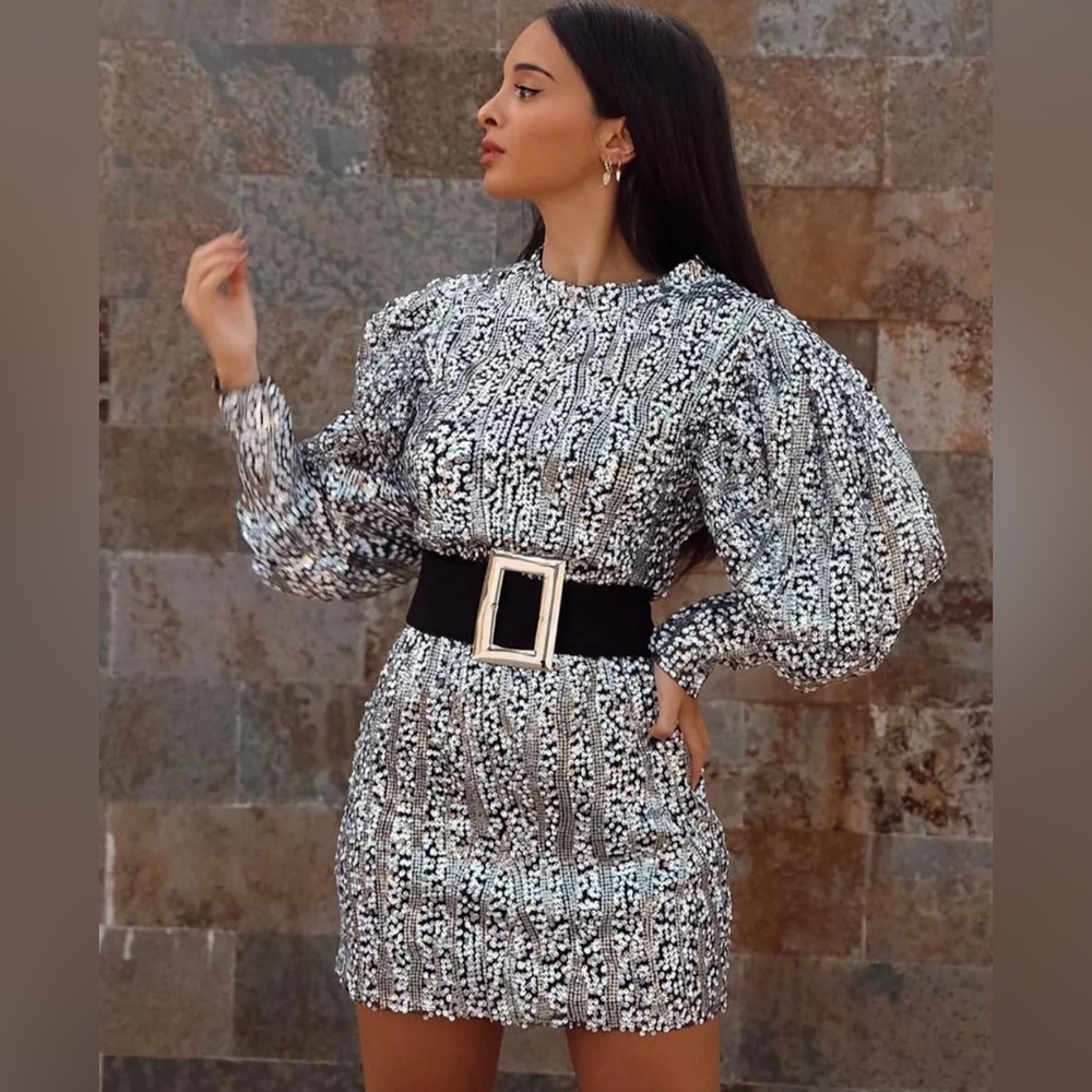 BELTED SEQUIN DRESS